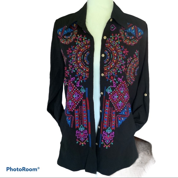 Calessa Black Multicolor Bohemian long sleeve embroidered button down shirt S - Picture 11 of 16
